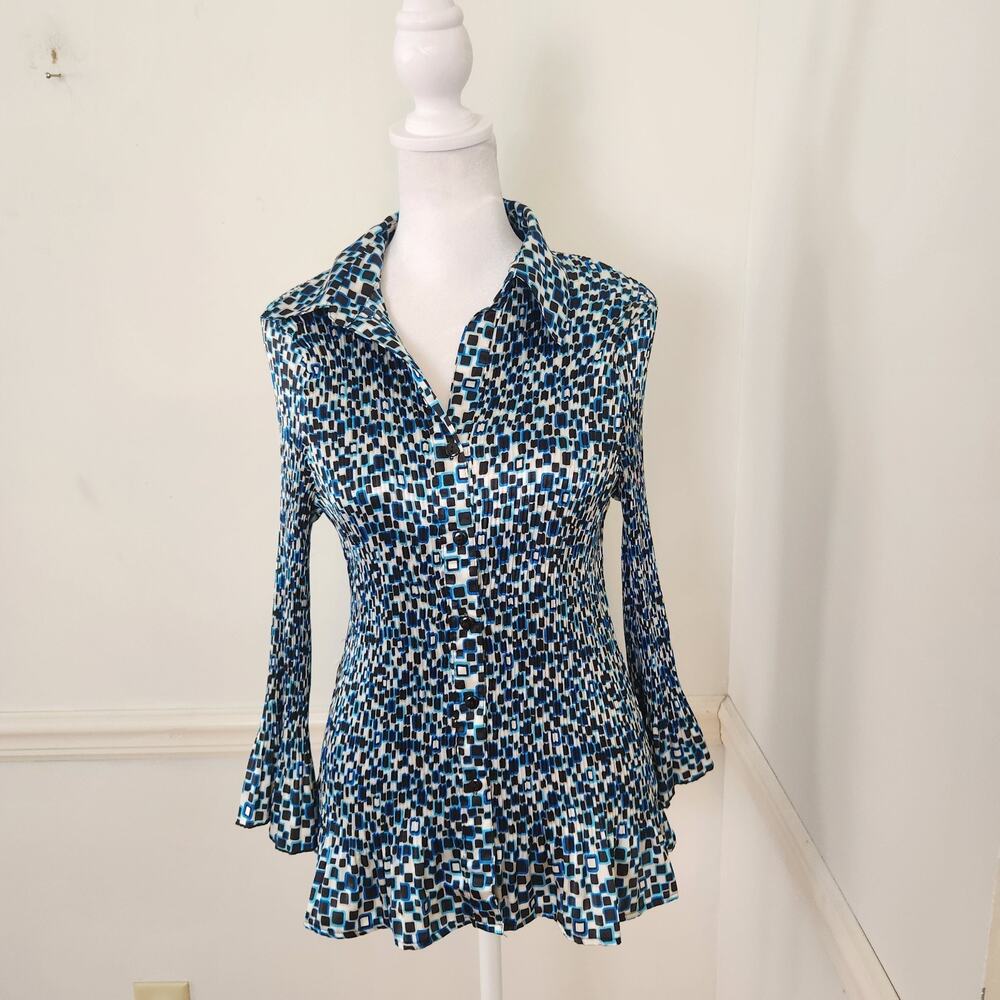 Y2K Bandolino Shirt Sz Large Womens Pleated Buttonup Top Fairy Blue Boho Career